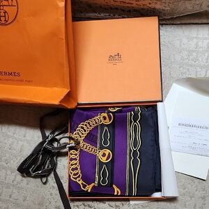 Hermes Maillons 70 Black and Purple Silk Scarf